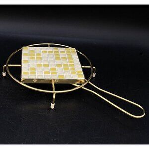 Mid Century Mosaic Yellow Tile Trivet Brass Stand Footed Handle Metallic 12"